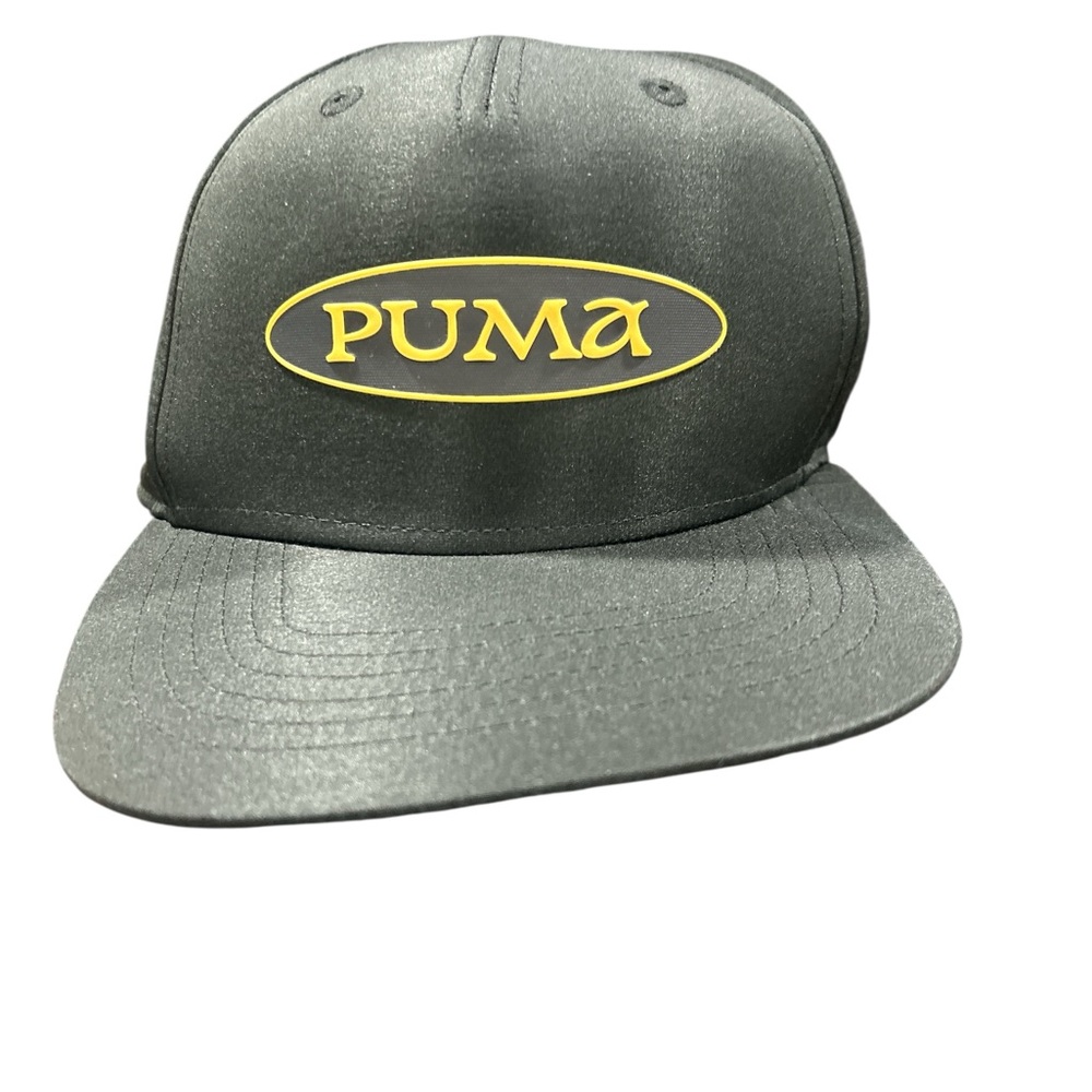 Puma Mens Snapback Hat Black Yellow Rubber Logo Perforated Mesh Flat Brim Cap